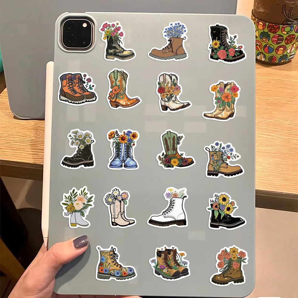 50pcs Vintage Flowers Boots Graffiti Stickers  DIY Scrapbooking  Waterproof Sticker For Laptop Phone Guitar Luggage (Online Order Only)