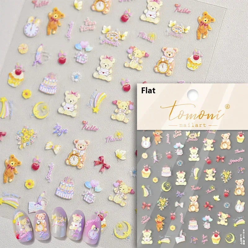 Retro Love Heart White Lace flower Bowknot Tie Pink Bear Flower Strawberry Adhesive Nail Art Stickers Rhinestone Manicure Decals (ONLINE ORDER ONLY)