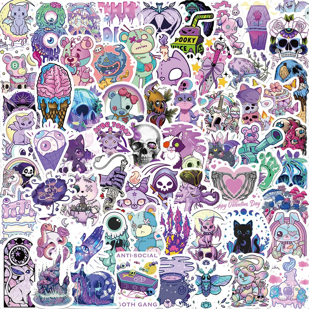 10/30/65PCS Cute Purple Gothic Halloween Skull Cartoon Sticker DIY Laptop Luggage Skateboard Graffiti Decals Fun for Toy Gift (ONLINE ORDER ONLY)