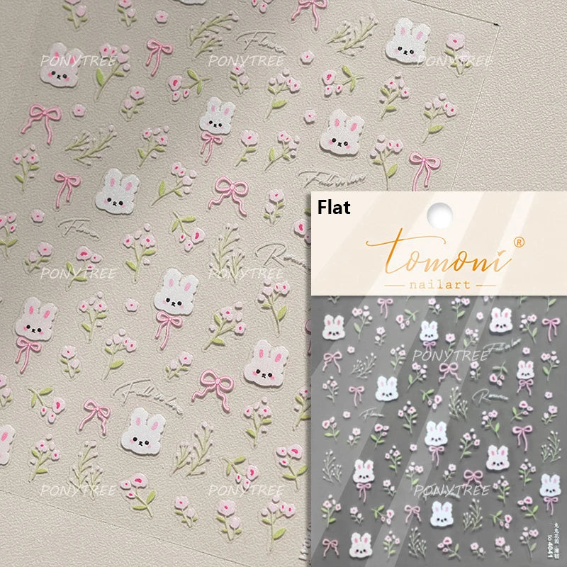 Flower Garland Lovely Bunny Rabbit Floral Wreath Bowknot Frame Spring Charm Heart 5D Adhesive Nail Art Stickers Manicure Decals (ONLINE ORDER ONLY)