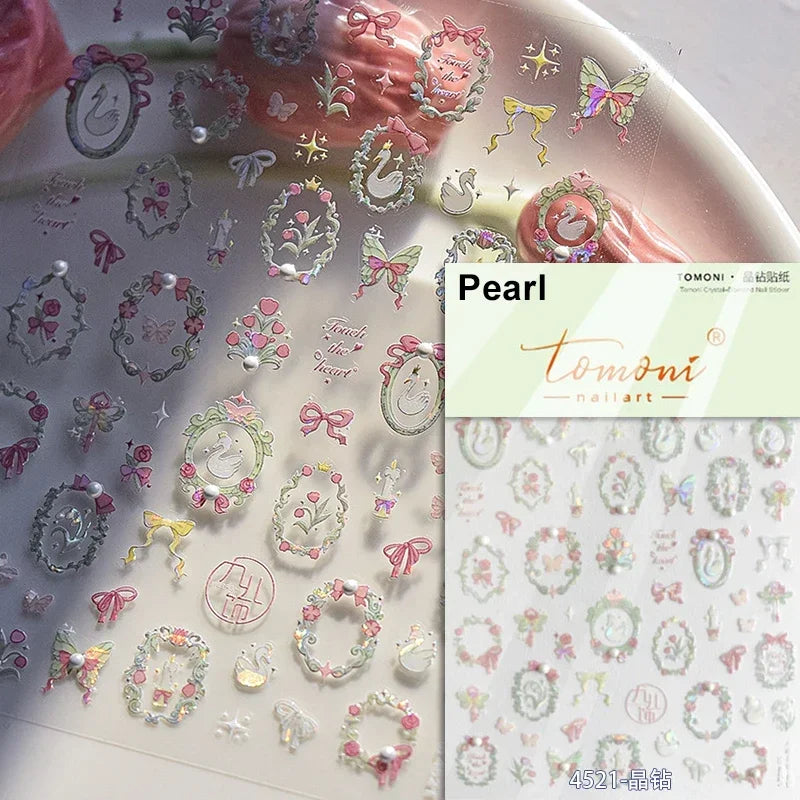 Chic Retro Rose Photo Frame Dried Flower Petal Self Adhesive Nail Art Stickers 5D Hot Stamping Relief Rhinestone Manicure Decals (Online Order Only)