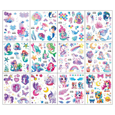 12pcs Kids Unicorn Mermaid Tattoo Colorful Glitter Powder Waterproof Temporary Sticker Cute Cartoon Body Art Arm Fake Tattoos (Online Order Only)