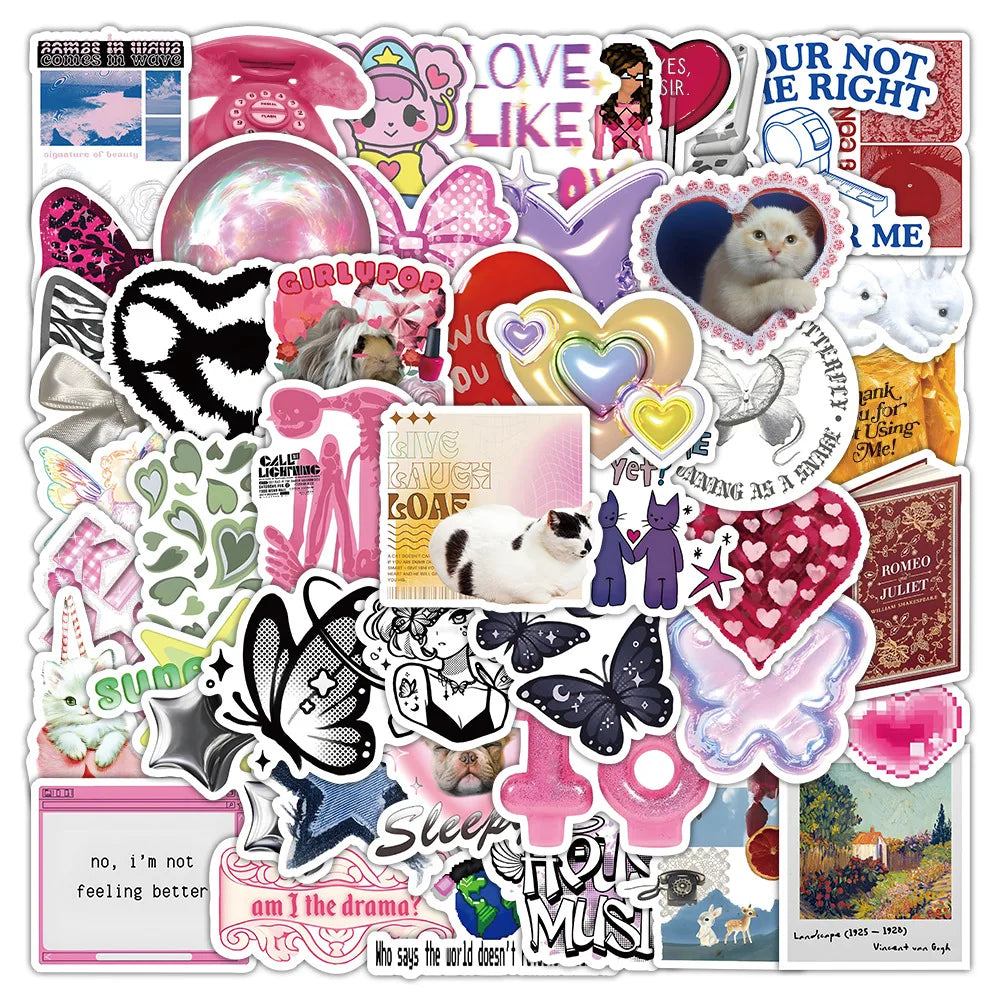 10/30/50PCS Cute Pink y2k Stickers Decoration Cartoon Decals DIY Phone Fridge Suitcase Guitar Scrapbook Helmet Car Sticker Toys (ONLINE ORDER ONLY)
