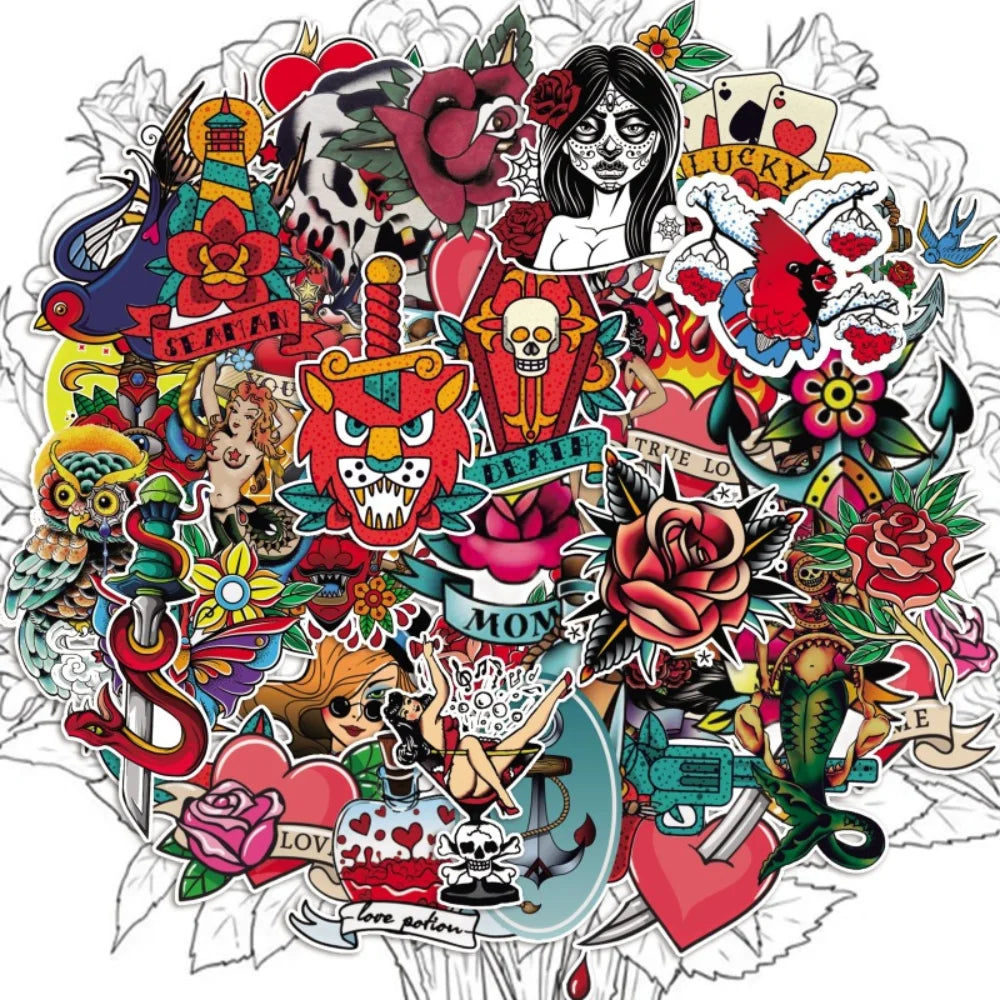 50/100Pcs Retro Old School Tattoo Style Sticker Refrigerator Skateboard Trolley Case Decals Backpack Tables Waterproof Sticker (Online Order Only)