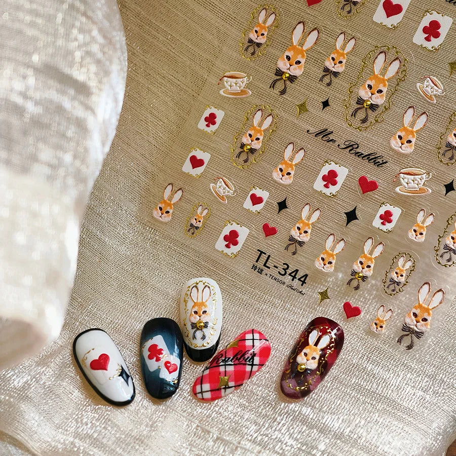 Poker Cards Mr Rabbit Tilted Teacup Bunny Cup Heart Star Block Bow Tie Hot Stamping Adhesive Nail Art Stickers Manicure Decals (ONLINE ORDER ONLY)