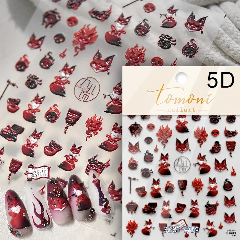 Pretty Red Equinox Flowers Tragedy Love Nine-tailed Fox Mask Manjusaka Chinese Style Soft Relief Nail Art Sticker Manicure Decal (ONLINE ORDER ONLY)