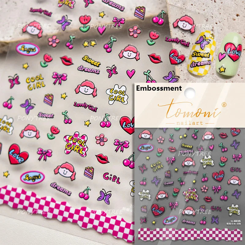 Colourful Cherry Abundant Fruits Bowknot Shiny White Line Outline Self Adhesive Nail Art Stickers Chic Rhinestone Manicure Decal (ONLINE ORDER ONLY)