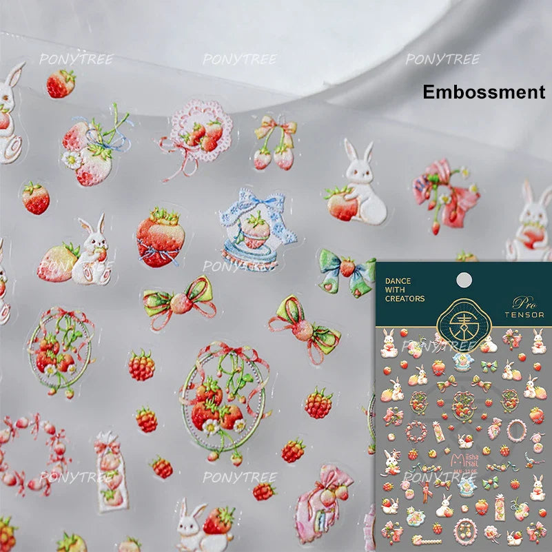Cute White Rabbit Bunny Strawberry Flower Pudding Star Bowknot Fruit Delicate Adhesive Nail Art Sticker Charming Manicure Decal (Online Order Only)