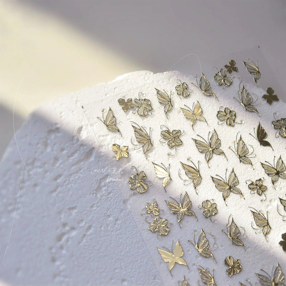 Charming Golden Gradient Shiny Rhinestone Jelly Butterfly Flower Petal Bowknot 3D Self Adhesive Nail Art Sticker Manicure Decals (ONLINE ORDER ONLY)