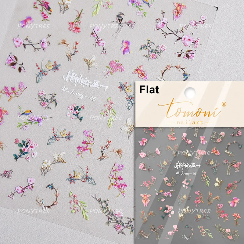 Pink Cherry Blossoms Peach Flower Petal Green Leaf Greenery 5D Embossed Relief Self Adhesive Nail Art Sticker 3D Manicure Decals (ONLINE ORDER ONLY)