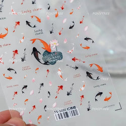 Lotus Leaf Brocaded Carp Koi Playing Goldfish Cavort Ripple Droplet Water Bubbles Self Adhesive Nail Art Stickers Manicure Decal (Online Order Only)