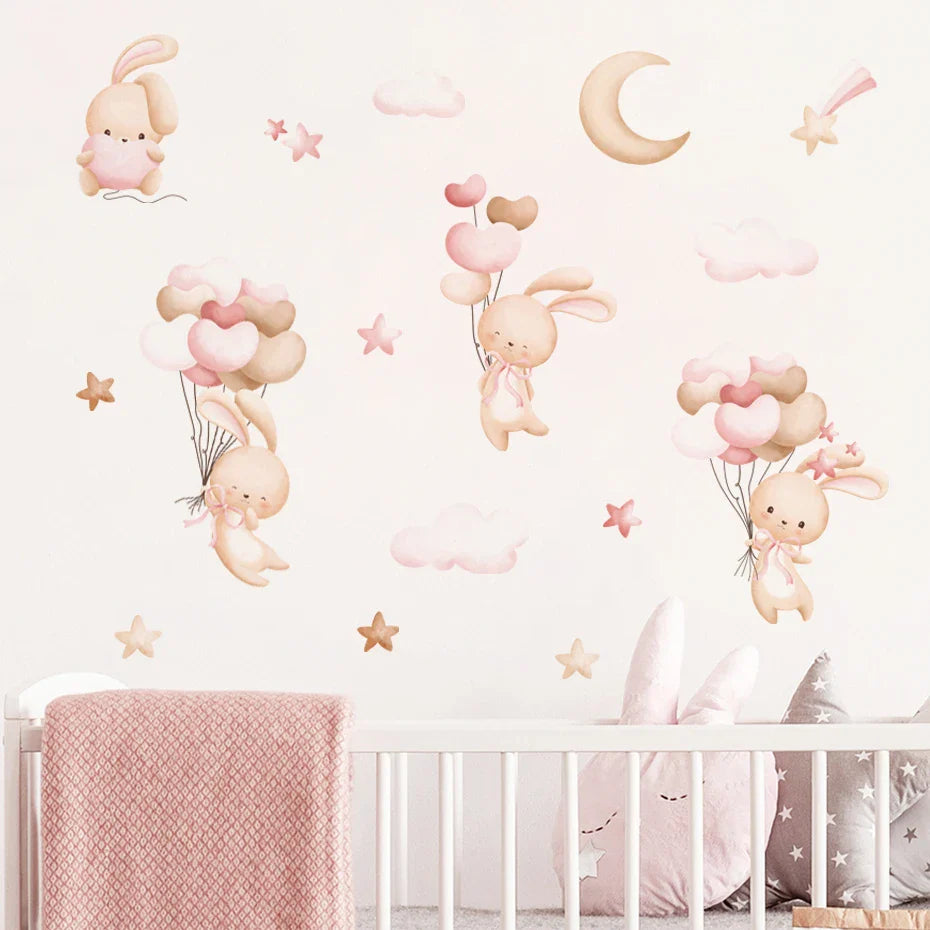 Pink Bunny Moon Clouds Stars Nursery Wall Decals Stickers Kids Room Decor (ONLINE ORDER ONLY)