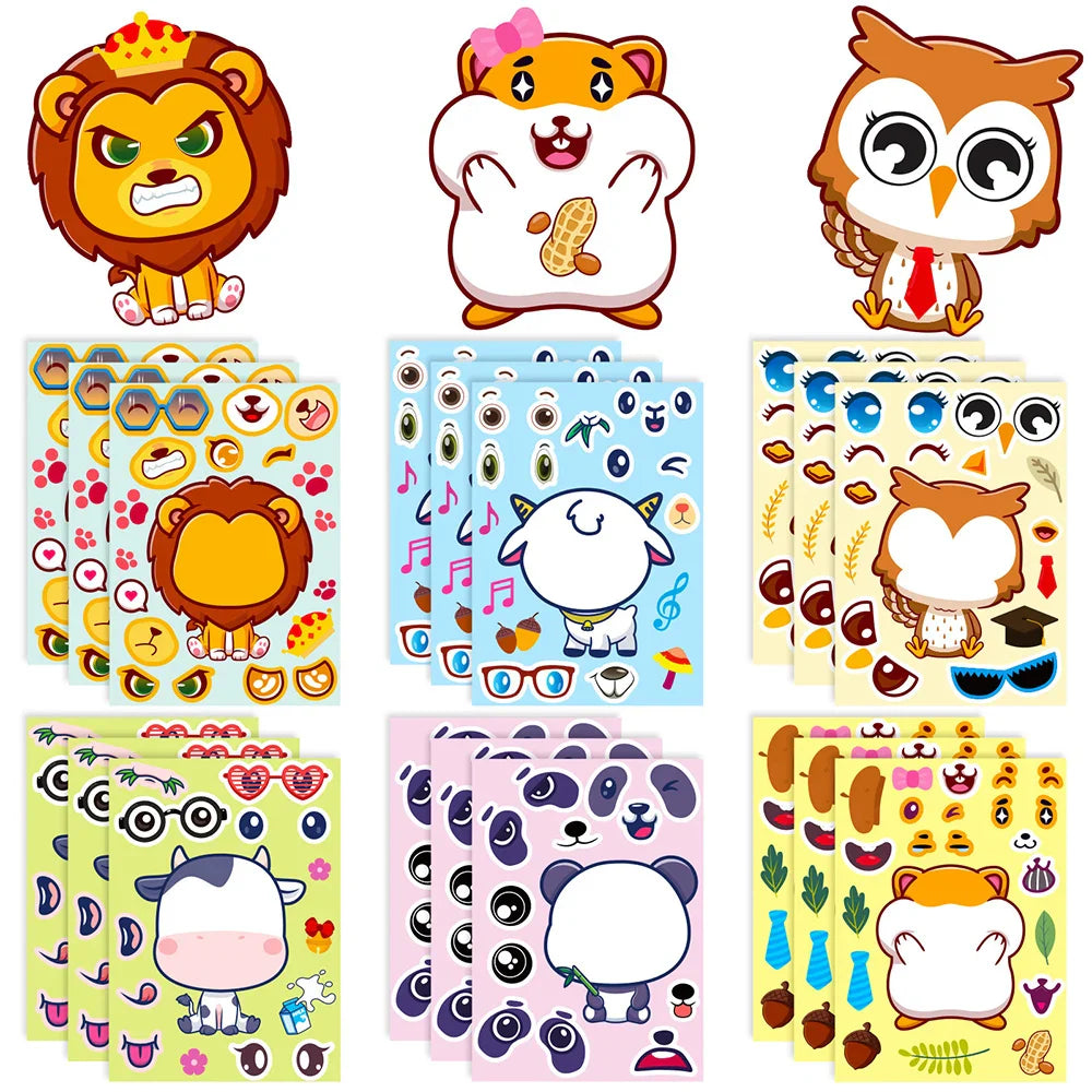 6/12Sheets Animal Make A Face Puzzle Stickers Kids Lion Owl Panda Make Your Own DIY Game Children Cartoon Jigsaw Education Toys (ONLINE ORDER ONLY)