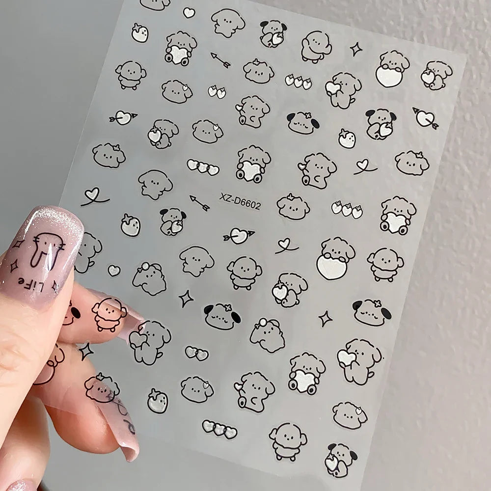1Pc 3D Cute Black Silver Smile Dog Decals Y2K Cartoon Cat Footprint Nail Stickers Graffiti Star Heart DIY Manicure Slider Decor* (ONLINE ORDER ONLY)