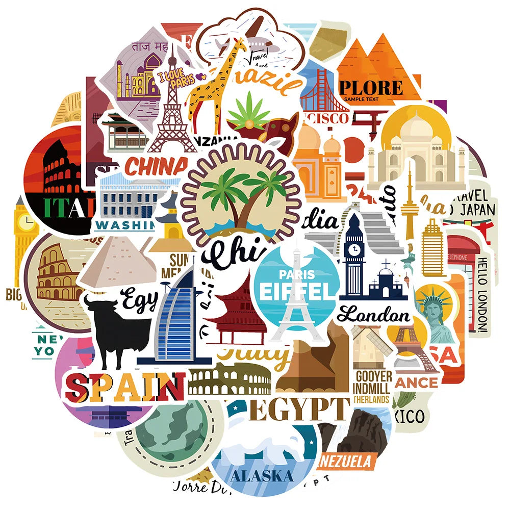 World City Landmark Stickers for Suitcase, Skateboard, Laptop, Luggage, Phone - 10/30/50Pcs Decal Set (ONLINE ORDER ONLY)