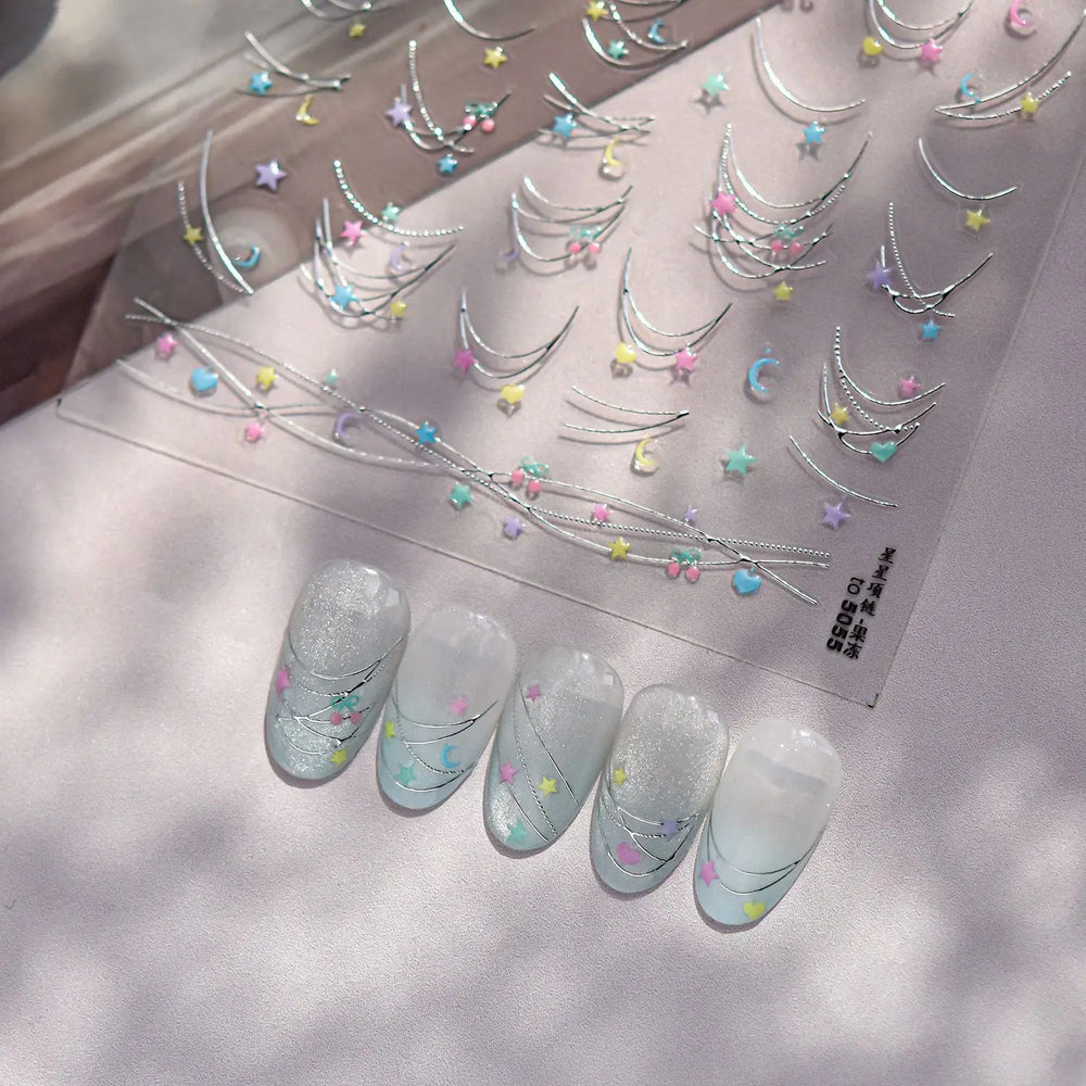 Colourful Star Moon Curved Line Arc Necklace Love Heart Hanging in The Air Starry Night Adhesive Nail Art Sticker Manicure Decal (Online Order Only)
