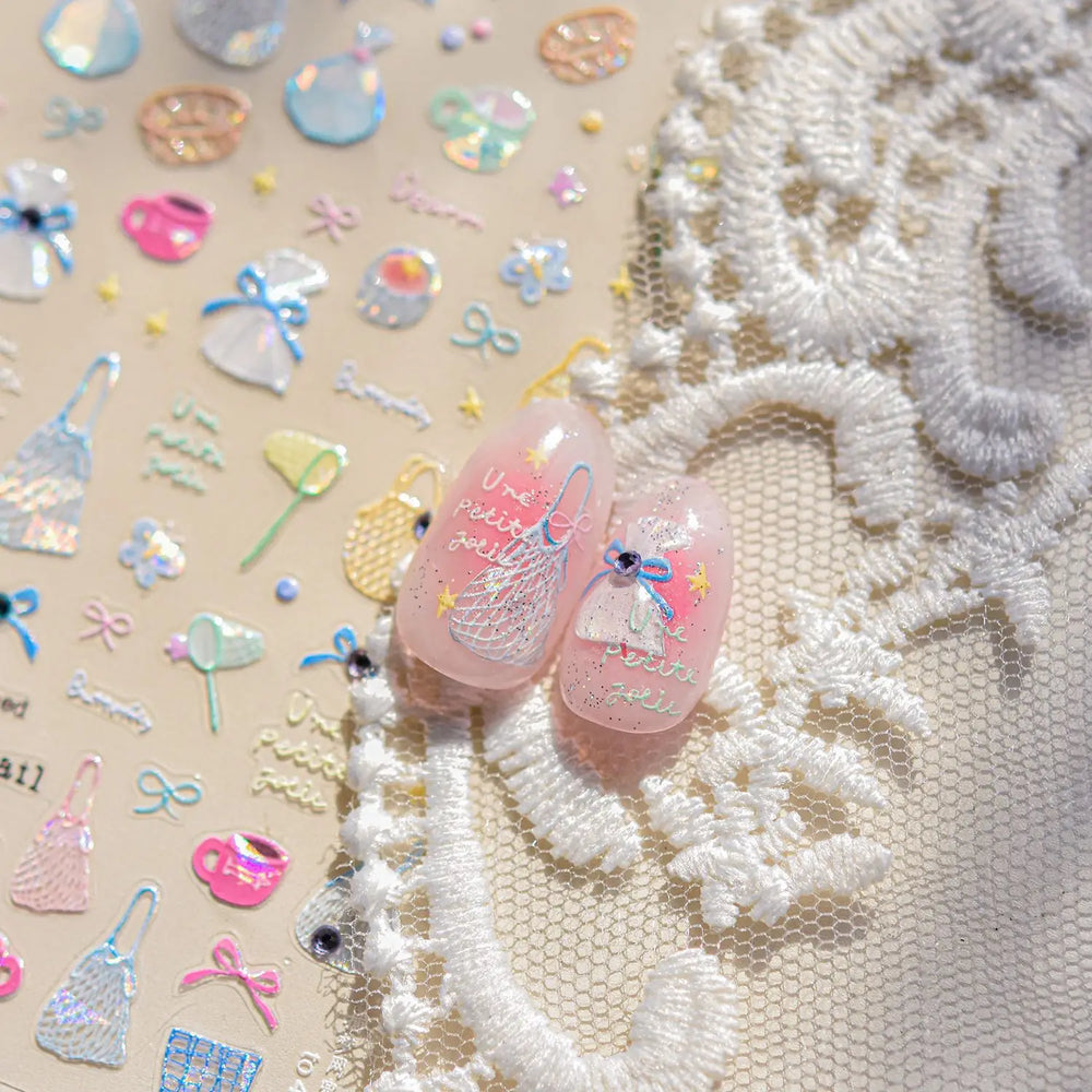 Cute Dream Catcher Net Bag Water Cup Woven Mesh Star Dreamy Bowknot Butterfly Embossed Adhesive Nail Art Sticker Manicure Decal (ONLINE ORDER ONLY)