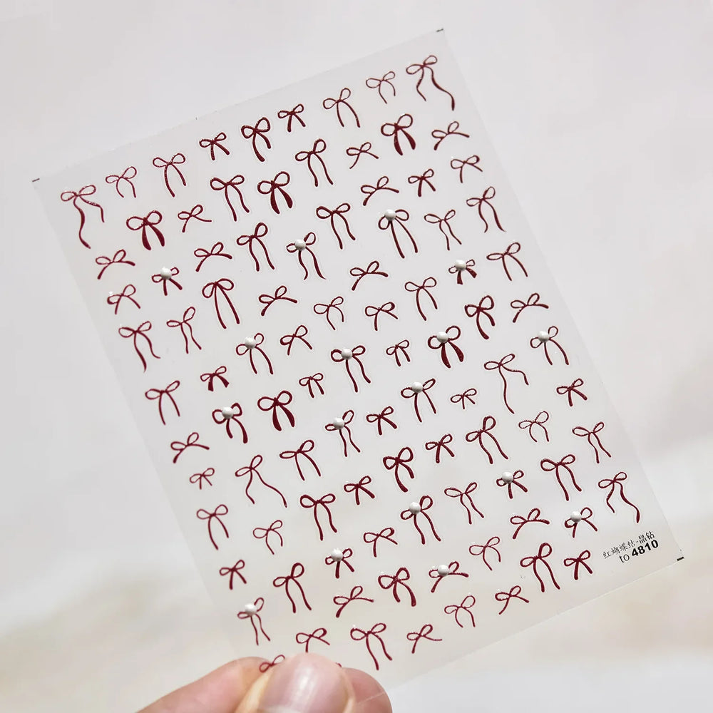 Chic Red Bowknot Silk Ribbon Pearl Elegant Line Self Adhesive Nail Art Stickers Dressy Rhinestone Manicure Decals Nail Supplies (Online Order Only)