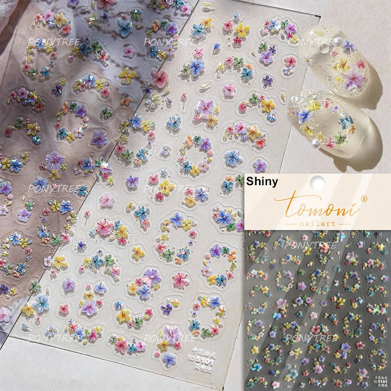 Colorful Dried Flowers Wreath Floral Plant Petal Bud Garden Charming 5D Reliefs Self Adhesive Nail Art Stickers Manicure Decals (Online Order Only)