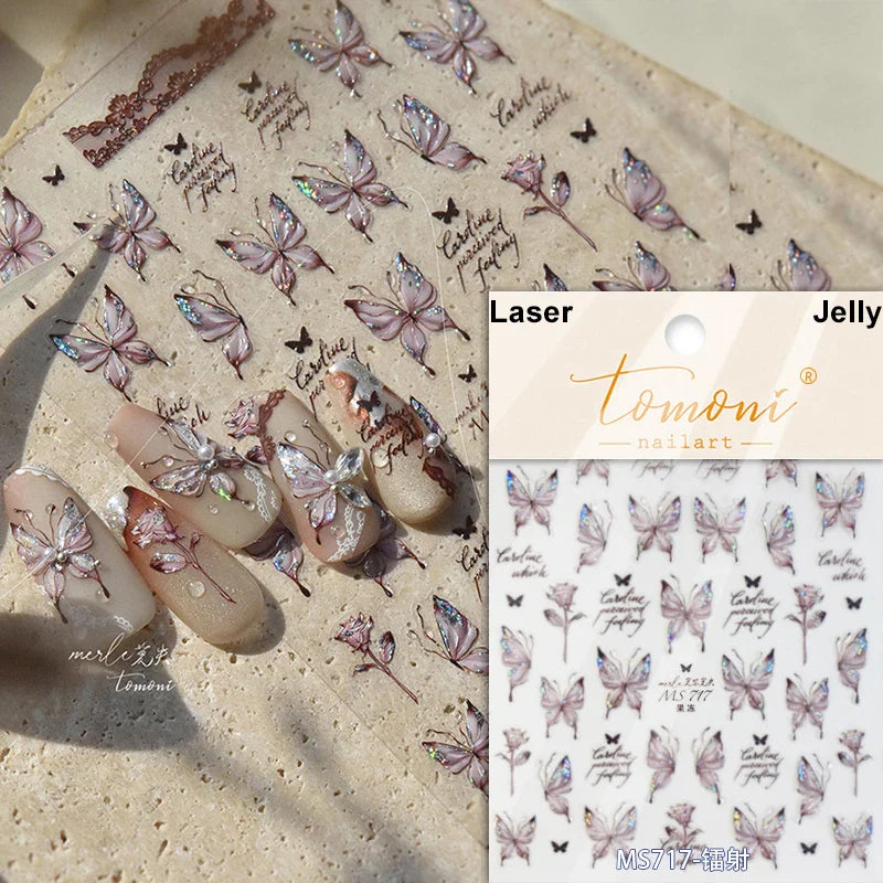 Butterfly Rose Laser Jelly Hot Stamping Lace Letter Flower Love Heart Bowknot 5D Self Adhesive Nail Art Stickers Manicure Decals (ONLINE ORDER ONLY)
