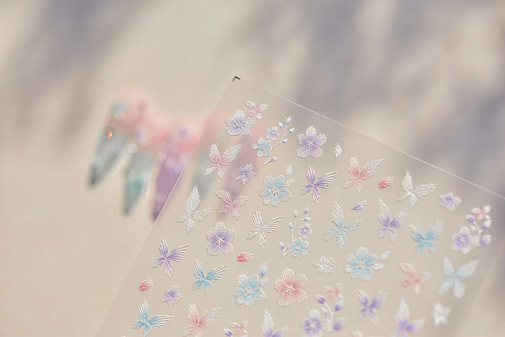 Embroidered Butterfly Flower Colourful Gradient Morning Glory Leaves Self Adhesive Nail Art Stickers Rhinestone Manicure Decals (ONLINE ORDER ONLY)