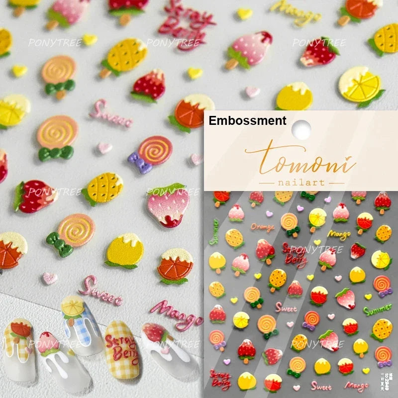 Colorful Fruit Lemon Grapefruit Kiwifruit Candy Popsicle Rabbit Cherry Apple Paw Jelly Adhesive Nail Art Sticker Manicure Decals (ONLINE ORDER ONLY)
