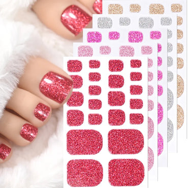 22Tips Pink Red Glitter Design Baking-free Toenail Stickers Solid Color Adhesive Full Cover Toe Nail Strip Slider Manicure Decal (ONLINE ORDER ONLY)