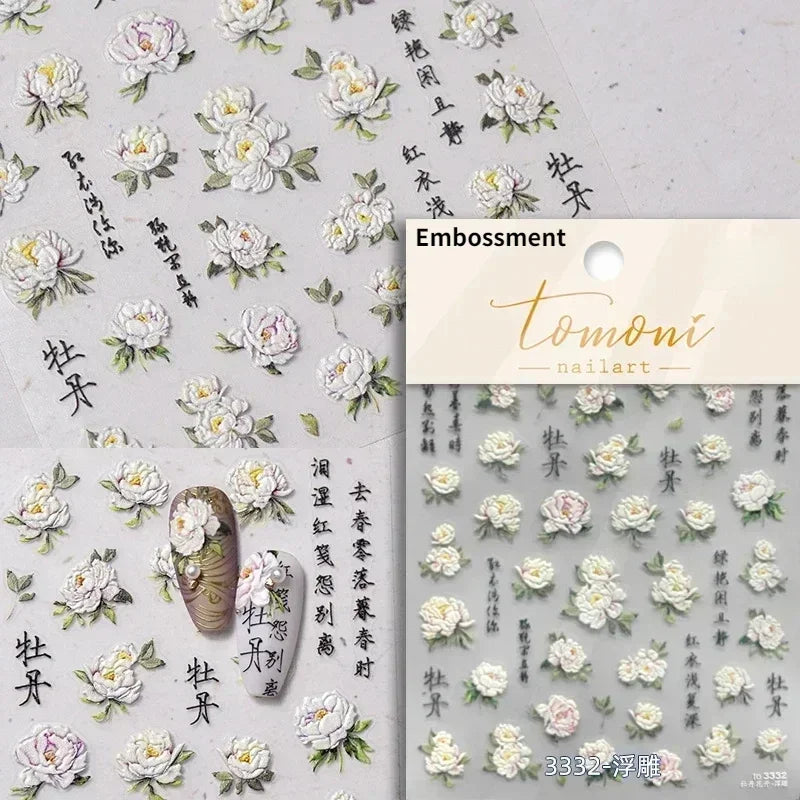 Pale Flower Bouquet Label Bowknot Stationery Sunflower Daisy Leaf 3D Self Adhesive Nail Art Stickers Rhinestone Manicure Decals (Online Order Only)