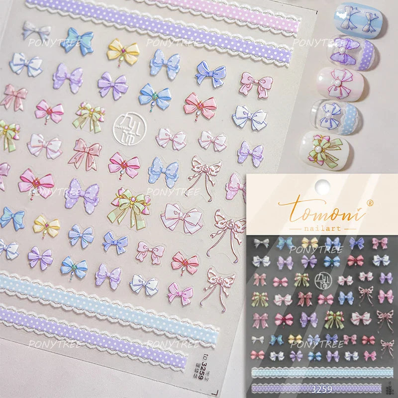 Doodle Pink Blue Ribbon Bowknot Flower Cherry Strawberry Graffiti Love Heart Delicate Embossed Nail Art Sticker Manicure Decals (ONLINE ORDER ONLY)