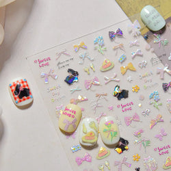 Shiny Black Rabbit Bowknot Flower Cake Fork Spoon 5D Soft Embossed 3D Flat Self Adhesive Nail Art Stickers Lovely Manicure Decal (ONLINE ORDER ONLY)