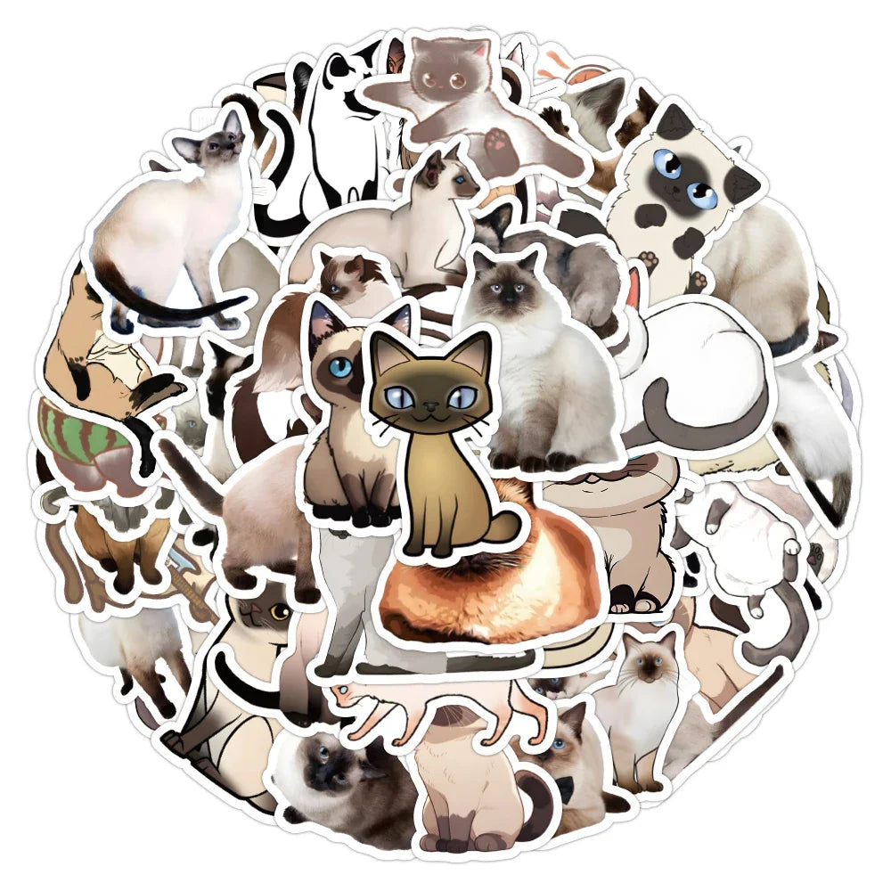Siamese Cat Cartoon Stickers for Laptop, Skateboard, Fridge, Car, Kids Gift (Online Order Only)