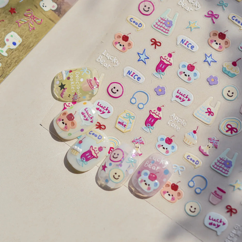 Bear Bowknot Bag Dessert Apple Core Earphone Cup Tulip Cherry Milk Cake Cookies Flower Adhesive Nail Art Stickers Manicure Decal (ONLINE ORDER ONLY)