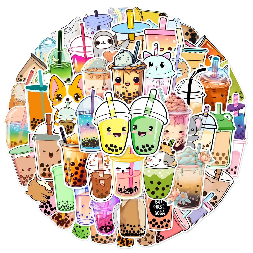 10/50Pcs Pearl Milk Tea Drink Cup Graffiti Stickers for DIY Scrapbook Suitcase Water Bottle Phone Laptop Guitar Kids Toy (ONLINE ORDER ONLY)