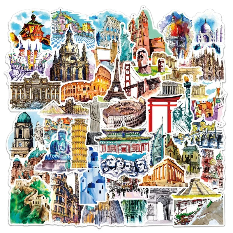 50pcs Famous Building Stickers for Laptop, Phone, Suitcase, Water Bottle, Scooter, Fridge (Online Order Only)