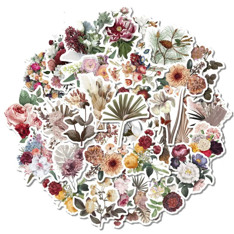 40pcs European Vintage Flowers Label Sticker Journal Diary Paper Flower Plant Stickers Scrapbooking Flakes Stationery Decor (Online Order Only)
