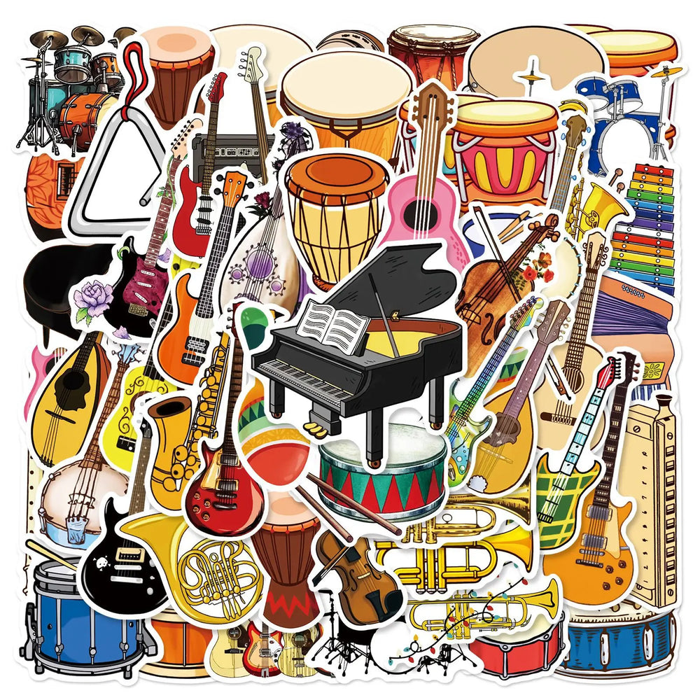 50Pcs Cartoon Music Instrument Graffiti Stickers for Helmet, Wall, DIY Decor (Online Order Only)