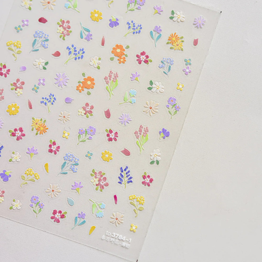 Wild Flower Oil Painting Small Variegated Daisy Peach Blossom Lavender Spring Petal Adhesive Nail Art Stickers Manicure Decals (Online Order Only)