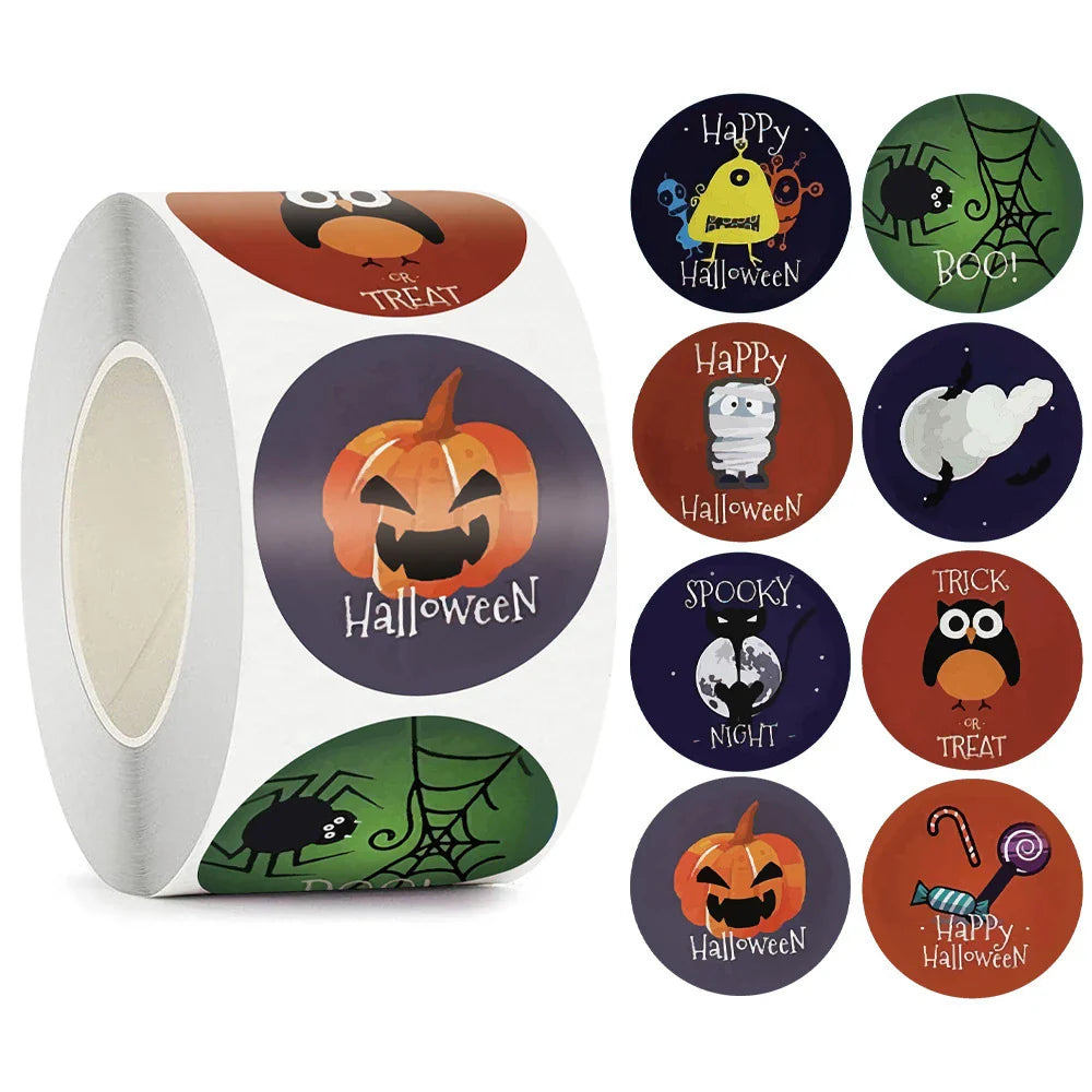 500pcs/roll Halloween Sticker Ghost Labels Gift Candy Bags Seal Stickers Halloween DIY Package Paper Sticker Party Decoration (Online Order Only)