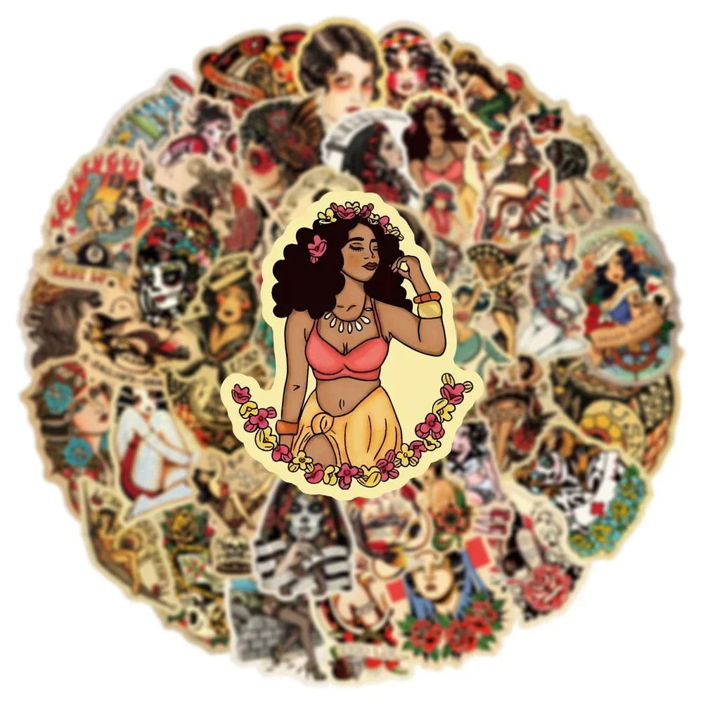 50/100Pcs Retro Old School Tattoo Style Sticker Refrigerator Skateboard Trolley Case Decals Backpack Tables Waterproof Sticker (Online Order Only)