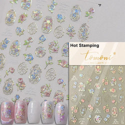 Gradient Coloredful Flower Petal Green Leaf Dreamy Shiny Chinese Rose Fantasy Relief Adhesive Nail Art Stickers Manicure Decals (Online Order Only)