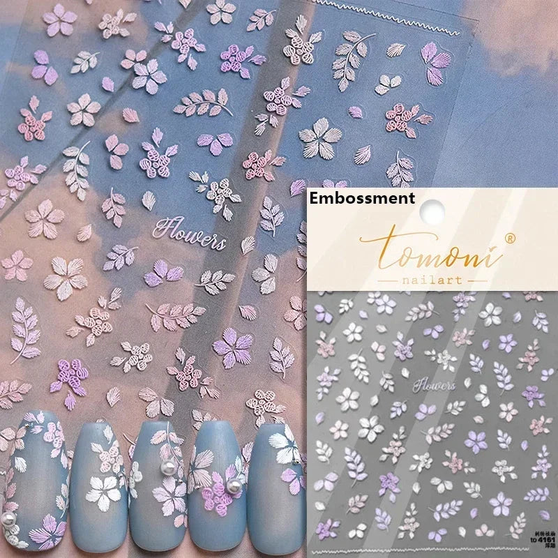 Gradient Coloredful Flower Petal Green Leaf Dreamy Shiny Chinese Rose Fantasy Relief Adhesive Nail Art Stickers Manicure Decals (Online Order Only)