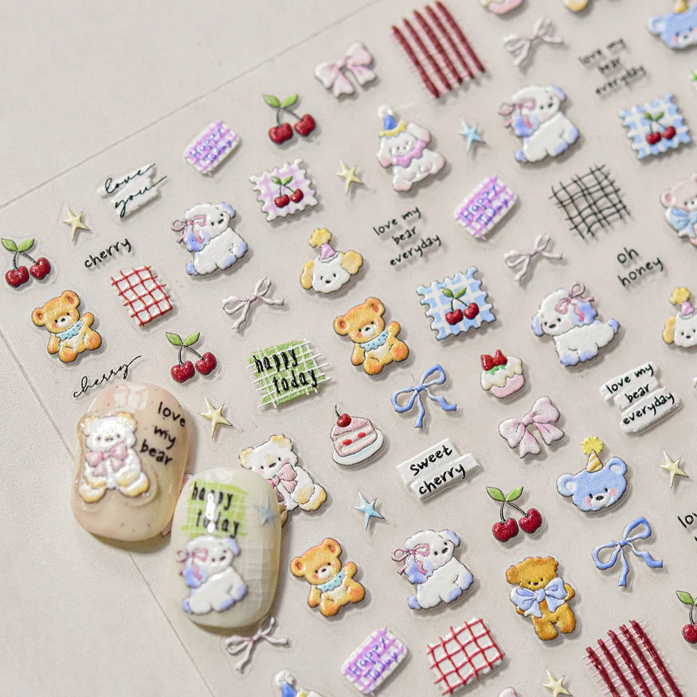 Cute Animals Bear Dog Cake Sweet Cherry Grid Bowknot Star Line Fruit Relief Self Adhesive Nail Art Stickers 3D Manicure Decals (ONLINE ORDER ONLY)