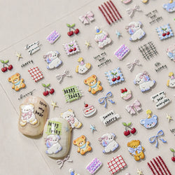 Cute Animals Bear Dog Cake Sweet Cherry Grid Bowknot Star Line Fruit Relief Self Adhesive Nail Art Stickers 3D Manicure Decals (ONLINE ORDER ONLY)