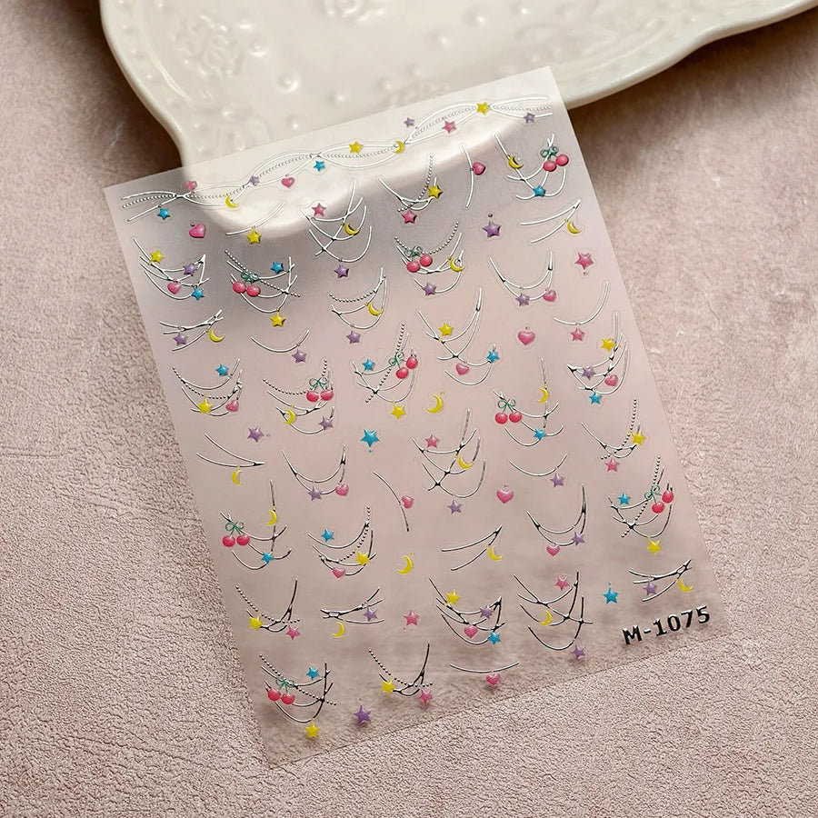 Chic Colourful Star Moon Curved Line Arc Necklace Love Heart Hanging in The Air Cherry Adhesive Nail Art Stickers Manicure Decal (Online Order Only)