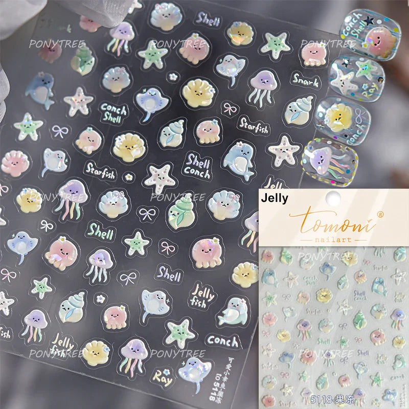 Hot Stamping Seahorse Dolphin Shell Conch Starfish Coconut Tree Jackfruit Water Bubbles Ocean Nail Art Stickers Manicure Decals (ONLINE ORDER ONLY)