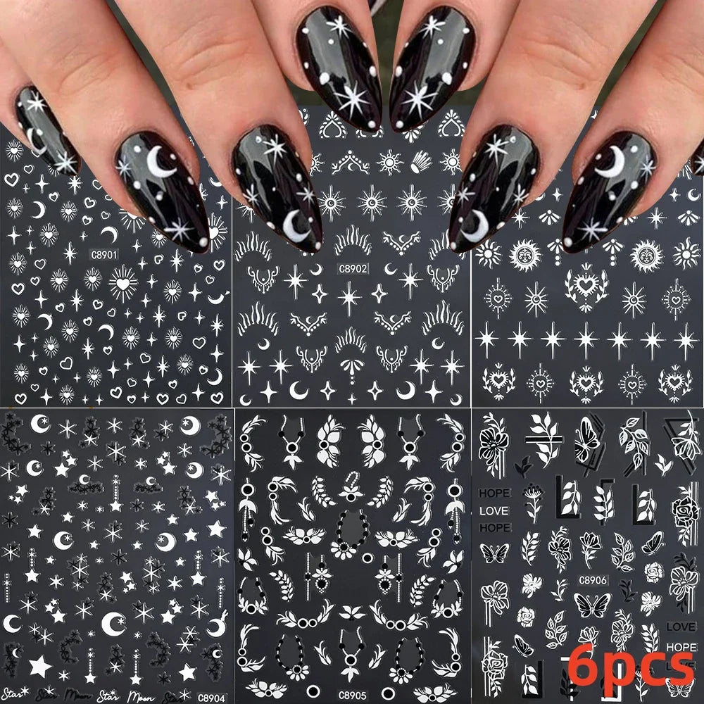 6pcs Mirror Silver Star 3D Nail Sticker Holographic Heart/Moon/Cross Design Self-Adhesive Decal Manicure Art Supplies Decoration (ONLINE ORDER ONLY)