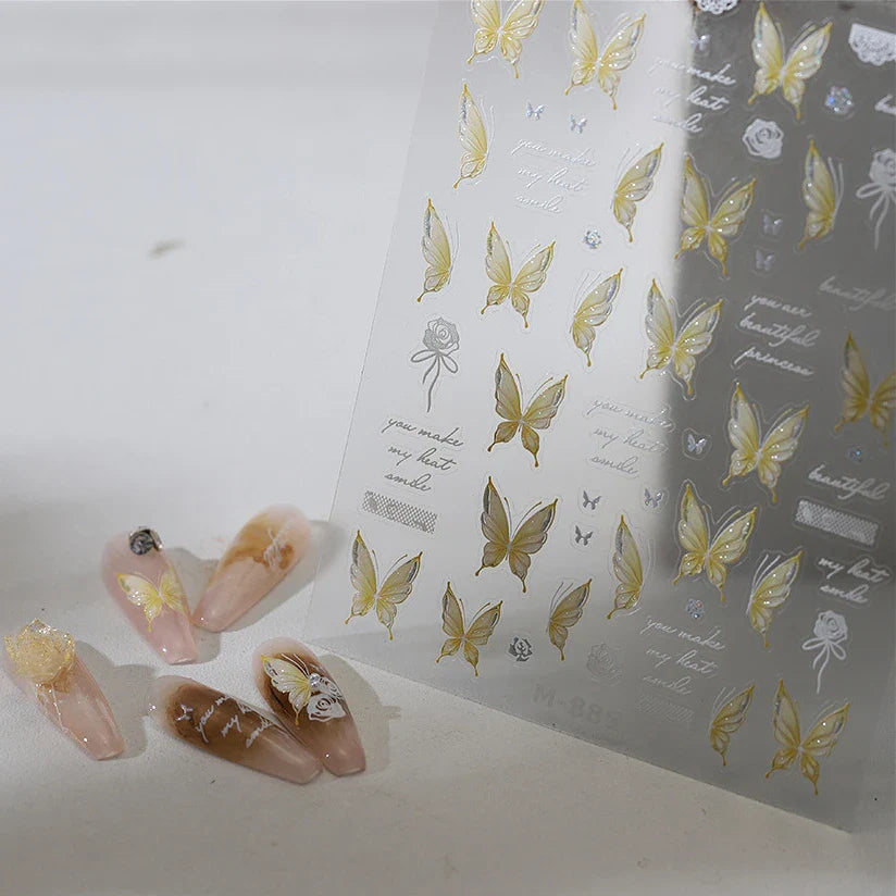Yellow Butterfly Rose Flower Lace Gradual Wing Charming Romantic Jelly Camellia Self Adhesive Nail Art Stickers Manicure Decals (Online Order Only)