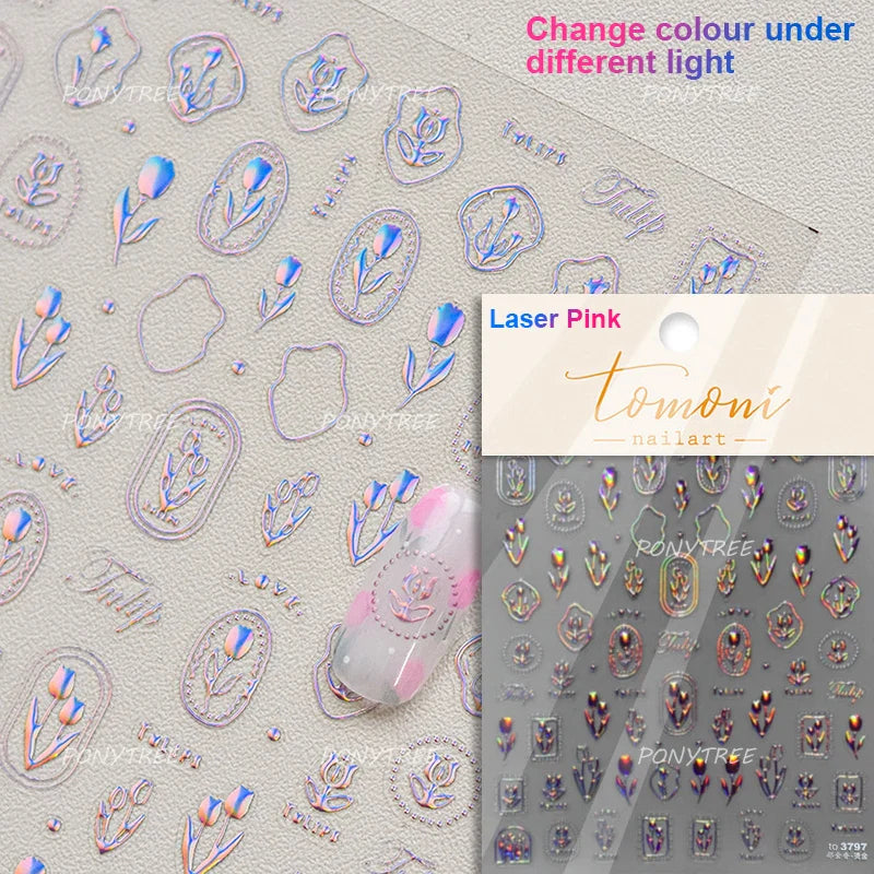 Retro Border Colourful Pink Purple Tulip Flower Bouquet Garden Fragrant 5D Soft Relief Adhesive Nail Art Sticker Manicure Decals (ONLINE ORDER ONLY)