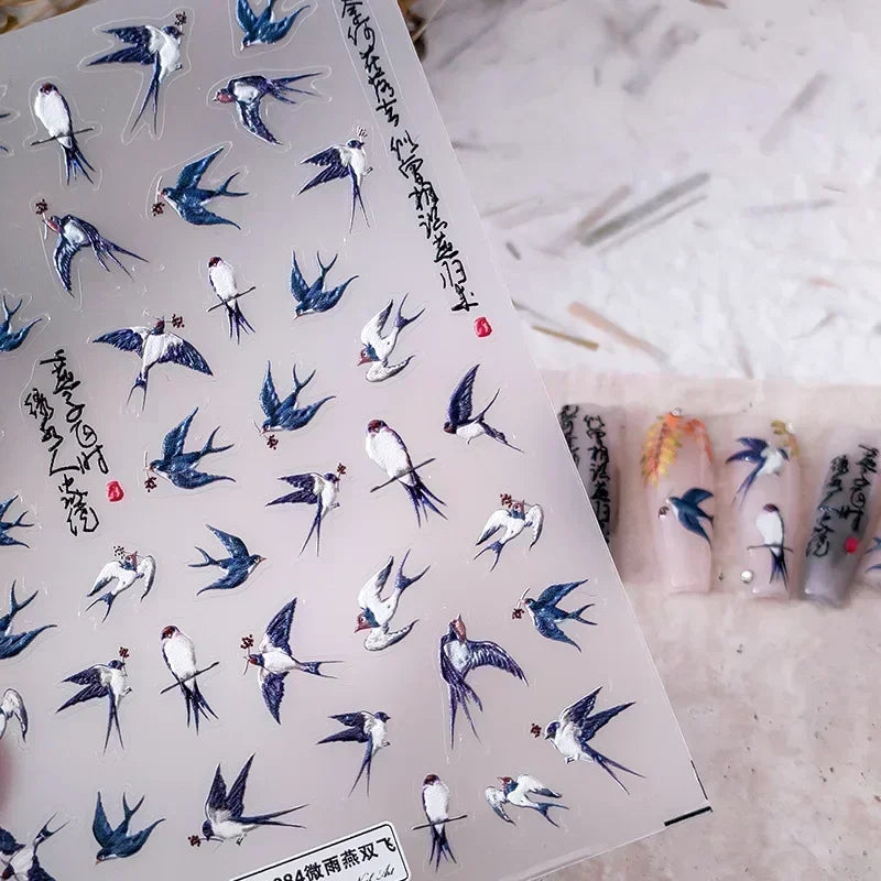 Swallow Bird Insect Animal Phoenix Peacock Dove 3D Self Adhesive Nail Art Stickers Chinese Ancient Poetry Manicure 5D DIY Decals (ONLINE ORDER ONLY)