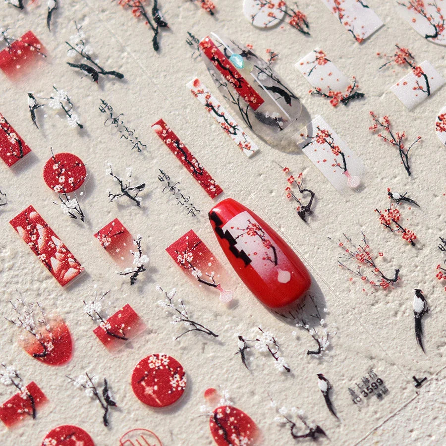 Red Plum Blossom Flower Chinese 3D Self Adhesive Nail Art Decoration Stickers Cheongsam Iris Lily Lotus Vase 5D Manicure Decals (ONLINE ORDER ONLY)